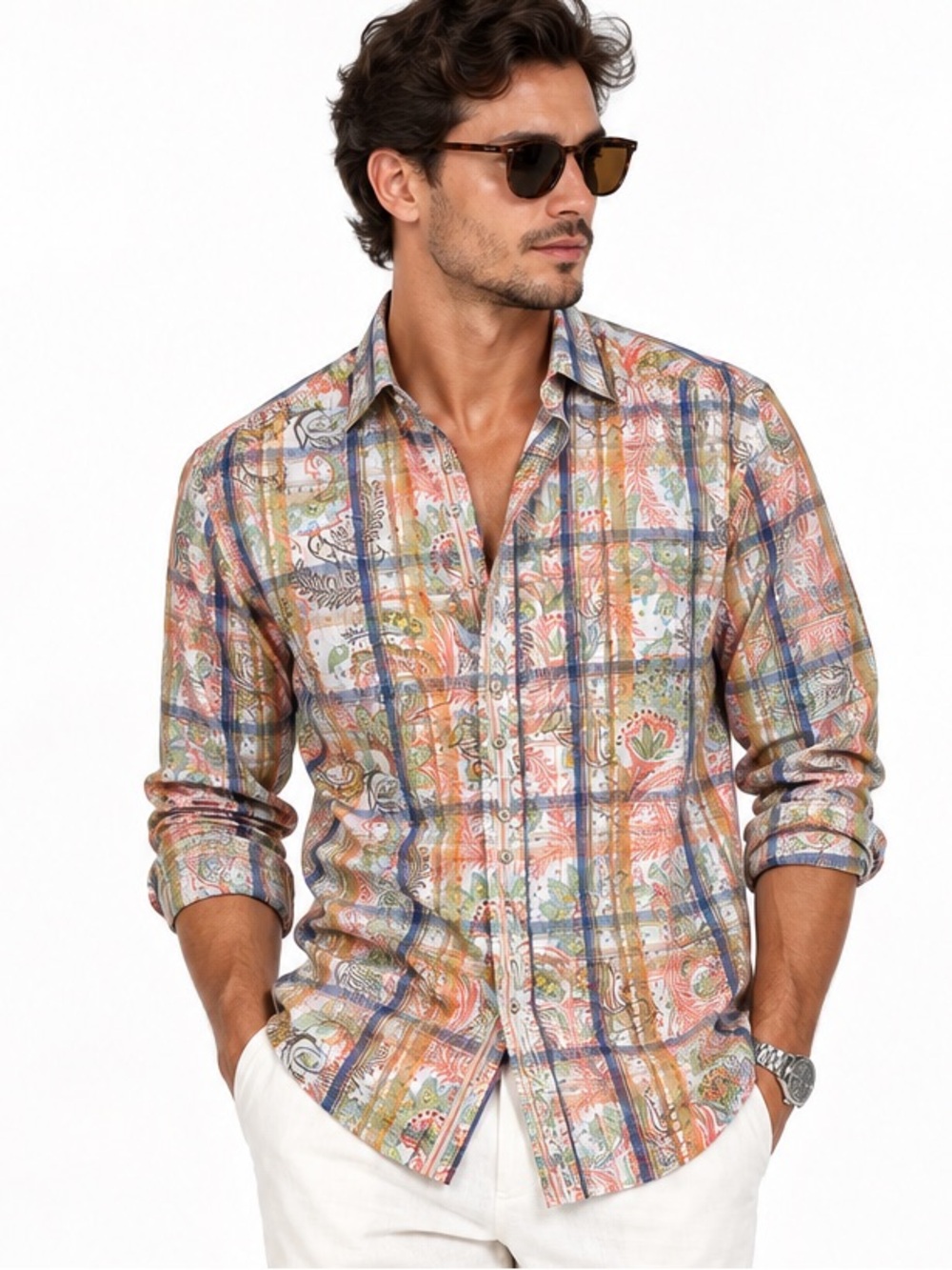 Sean John Tailored Fit Paisley Plaid Button Down Shirt Multicolor Men’s